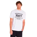 Remera blanca de algodón y poliéster con estampado frontal del logo de Caterpillar y la leyenda '100th Year'.
