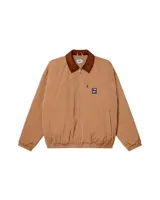 Campera color marrón claro con cuello de pana marrón, cierre frontal con cremallera, dos bolsillos laterales y un bolsillo pequeño con cremallera en el pecho.