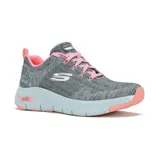 Championes Skechers Arch Fit Comfy Wave, color gris con detalles en rosa. Capellada de tejido knit de malla, cordones, plantilla Arch Fit extraíble con soporte en el arco plantar y media suela con amortiguación.