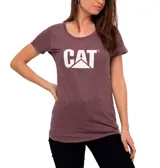 Remera de algodón azul marino con cuello redondo y logo de CAT estampado en el pecho en color lila y naranja.