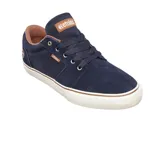 Zapatillas de skate color negro con detalles en marrón y suela blanca, diseño clásico y cómodo.