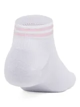 Pack de seis pares de medias deportivas Under Armour unisex, color blanco con detalles en rosa y gris.
