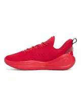 Championes de básquet Under Armour Curry 12 SN, color rojo con detalles en amarillo y negro en la suela.
