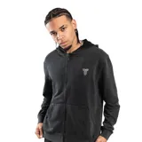 Campera con cierre frontal, capucha y bolsillo canguro, color negro con efecto desgastado (acid wash). Presenta un pequeño logo blanco bordado en el pecho.