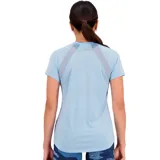 Remera deportiva celeste de manga corta, con logo de New Balance estampado en el pecho y tecnología NB ICEx de secado rápido.