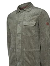 Sobrecamisa verde de cotelé con corte recto, cuello de solapa, cierre abotonado, mangas largas con puños ajustables con botón y tres bolsillos frontales (dos amplios y uno en el pecho con solapa).
