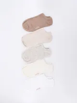 Pack de cinco pares de medias invisibles de algodón en colores surtidos: marrón, beige, gris, blanco hueso y blanco.