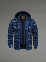 Chaqueta de cuadros azul y negro, con capucha y cierre de botón, de algodón 100% con forro contrastante.
