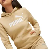 Canguro Puma color arena con capucha forrada en algodón y cordón ajustable, bolsillo tipo canguro, puños y dobladillo acanalados, y logo Puma estampado en blanco en el pecho.