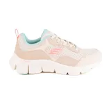 Championes Skechers Flex Comfort color beige con detalles en rosa y celeste. Capellada de malla transpirable con superposiciones de gamuza sintética. Tecnología Air Cooled Memory Foam en la plantilla y suela de goma flexible.