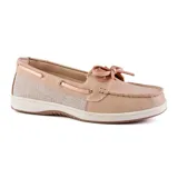 Zapato náutico de cuero negro con cordones y suela blanca.