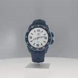 Reloj Marea con correa de silicona azul, bisel azul y blanco, y esfera blanca con números azules.