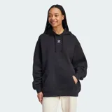 Buzo con capucha Adidas Essentials, color negro, de tela fleece suave y corte holgado. Presenta el logo de Adidas bordado en el pecho y un bolsillo tipo canguro.