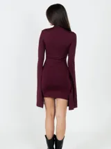 Vestido corto color borgoña, ajustado al cuerpo, con escote recto, mangas largas acampanadas y gargantilla con hebilla plateada.