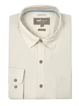Camisa casual de hombre RKF Galiton, color amarillo claro, de manga larga ajustable con botones de madera. Confeccionada en popelina 100% algodón orgánico, con bolsillo de pecho con logo bordado y protección UV 20+.