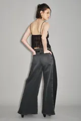 Jean de corte wide leg en color negro, con diseño de paneles laterales en un tono ligeramente más oscuro. Presenta cintura media y cierre frontal con botón y cremallera.