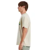 Remera de manga corta color beige con estampado de un sol y diseño holgado.