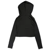 Remera negra con capucha, mangas largas y estampado abstracto en blanco.