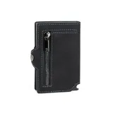 Billetera negra de cuero genuino con caja de aluminio incorporada, sistema de deslizamiento para tarjetas, protección RFID, espacio para 5 tarjetas, sección para 7 billetes y espacio adicional para libreta de propiedad y de conducir. Incluye cierre de cremallera.