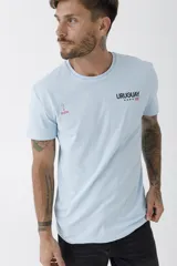 Remera celeste de corte clásico con cuello redondo y manga corta. Estampado pequeño en el pecho.