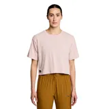 Remera Saucony Recovery de corte cropped y mangas cortas, color rosa claro.