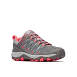 Zapatillas de senderismo Merrell Crosslander 3, color gris con detalles en rosa. Capellada de cuero de ante y malla transpirable, cierre de cordones, puntera sintética protectora, forro de malla transpirable, plantilla de espuma EVA reciclada, amortiguación Merrell Air Cushion en el talón y suela de goma adherente.