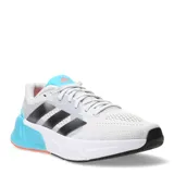 Zapatillas deportivas Adidas en color gris con detalles en negro y aqua, diseñadas para mayor comodidad y amortiguación.