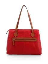Cartera tipo tote confeccionada en cuero color crema, con asas de mano color marrón. Presenta logo metálico dorado en el frente, cierre central, división interna con cierre, bolsillo interior con cierre y bolsillo exterior con cierre. Forro textil.