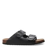 Sandalias bajas negras con dos tiras anchas ajustables con hebillas plateadas.