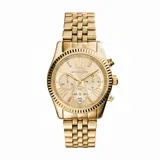 Reloj Michael Kors modelo Lexington dorado con cronógrafo, caja de 38 mm, cristal mineral resistente, cierre desplegable y resistencia al agua hasta 100 metros.