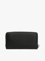 Billetera Tommy Jeans negra con cierre de cremallera y logo plateado en el frente. Incluye múltiples ranuras interiores para tarjetas, tres compartimentos principales, dos compartimentos interiores para billetes y un bolsillo interior con cremallera.