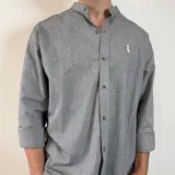 Camisa de manga larga gris con rayas verticales finas, cuello mao y bordado de un pato en el pecho.