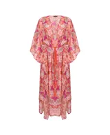 Kimono largo con estampado floral en tonos rosados y anaranjados, con mangas amplias y lazo ajustable en la cintura.