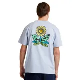 Remera celeste de algodón con estampado de un girasol y hojas con la frase "Critical Slide" en el pecho.