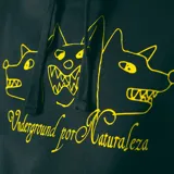 Canguro negro con capucha y bolsillo delantero, con estampado amarillo de tres perros y la frase "Underground por Naturaleza".