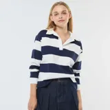 Camiseta oversize de manga larga a rayas horizontales azules y blancas, con cuello polo blanco.