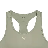 Top deportivo Puma color verde oliva con logo en el centro y banda elástica inferior con la marca Puma en negro y blanco.