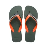 Ojotas Havaianas Dual con base verde oliva y tiras naranjas con logo Havaianas en blanco.