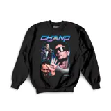 Buzo negro con estampado de imágenes de Chano Moreno Charpentier y la palabra "Chano" en letras de estilo retro.