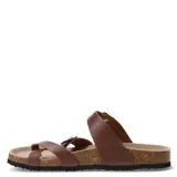 Sandalias bajas de cuero marrón con plantilla anatómica y hebillas ajustables.