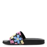 Sandalias negras de goma con estampado de flores en tonos rosa, amarillo y celeste.
