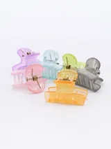 Pack de seis pinzas pequeñas para el pelo, de plástico transparente en colores celeste, verde, gris, naranja, lila y rosa.