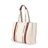 Bolso tipo tote bag color crudo con estampado del logo "Lincoln's" en negro. Tiene detalles en símil cuero negro en las asas y en la base.