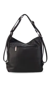 Cartera mochila color marrón de símil cuero suave con múltiples bolsillos con cierre, división al medio y correa ajustable de doble manija para llevar al hombro y como mochila.