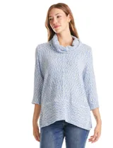 Buzo tejido con textura, color rosado y blanco, de la marca Ruby Rd. Presenta cuello volcado y mangas 3/4.