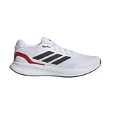 Championes Adidas Runfalcon 5, color blanco con detalles en negro y rojo, ideales para running. Cuentan con tecnología Cloudfoam en la entresuela para mayor amortiguación.