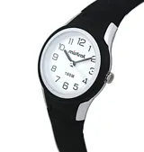 Reloj Mistral deportivo con correa de silicona negra y esfera blanca con números arábigos.