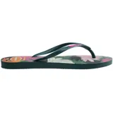 Ojotas Havaianas Slim Summer Bliss con base color crema y estampado de motivos playeros y florales en tonos pastel. Tiras finas color beige con logo de la marca.