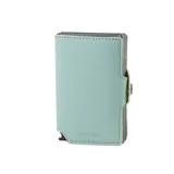 Billetera de cuero color celeste con doble caja de aluminio incorporado, con sistema de deslizamiento para guardar tarjetas. Cuenta con espacio para 10 tarjetas, espacio adicional para libreta de conducir y sección interna para billetes.