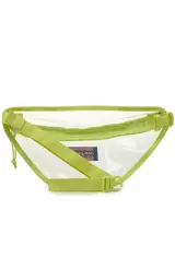 Riñonera transparente con ribetes negros y logo de JanSport en el frente. Tiene un compartimento principal con cierre y correa ajustable con hebilla.